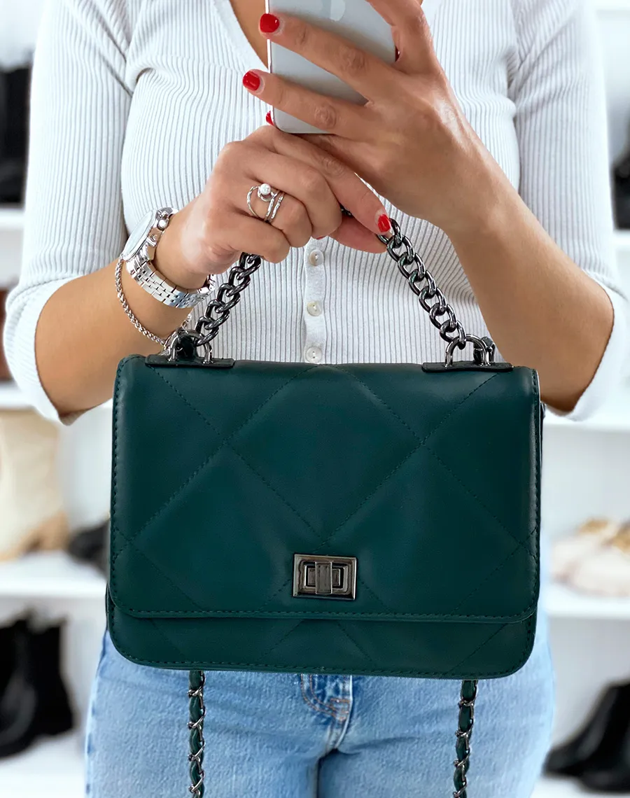 Green Dark Quilted Shoulder Bag with Silver Chain.