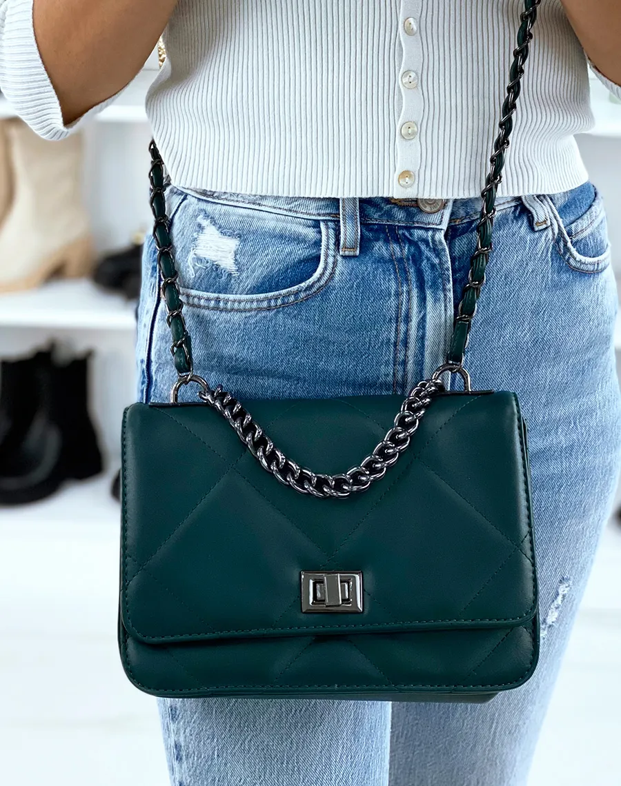 Green Dark Quilted Shoulder Bag with Silver Chain.