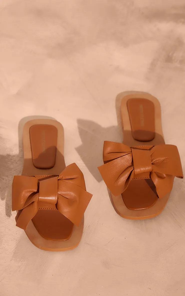 Brown Square Toe Leather Sandals with Bow Straps