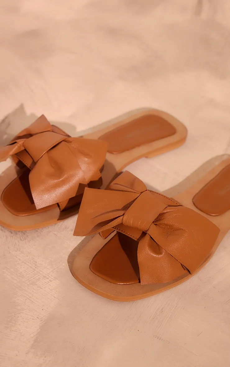 Brown Square Toe Leather Sandals with Bow Straps