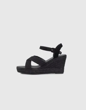 Black raffia espadrille wedge sandals ankle strap women