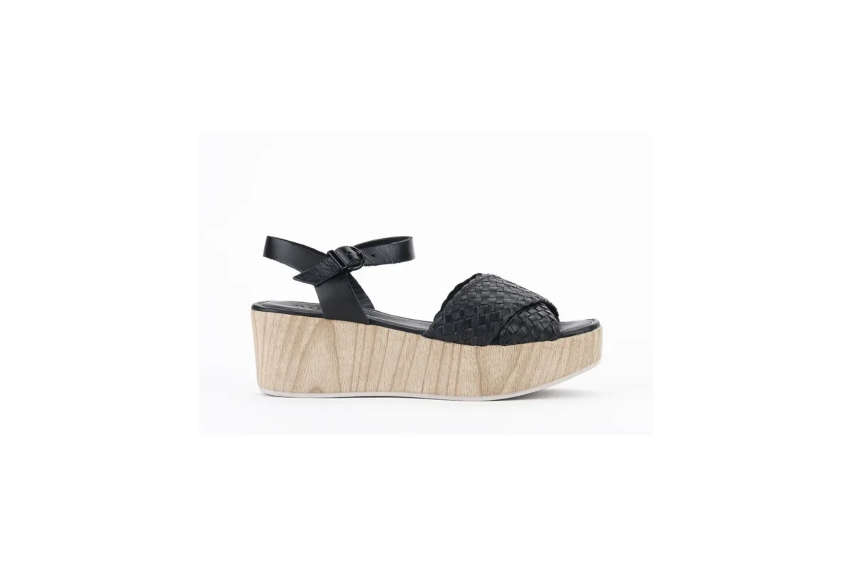 Woven Wedge Sandals with Wooden Heels - Black