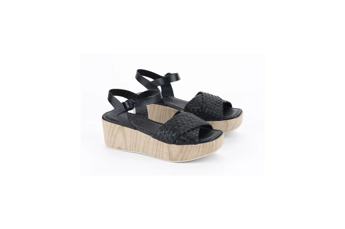 Woven Wedge Sandals with Wooden Heels - Black