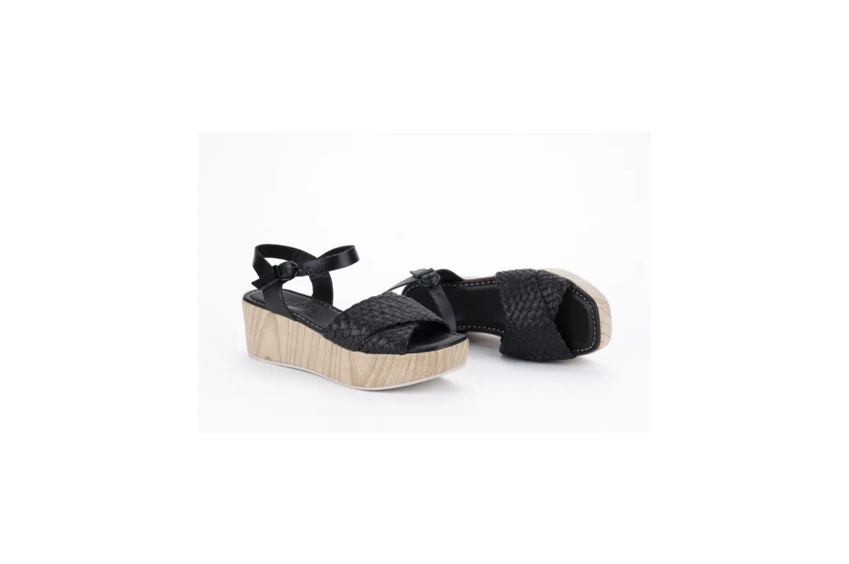 Woven Wedge Sandals with Wooden Heels - Black