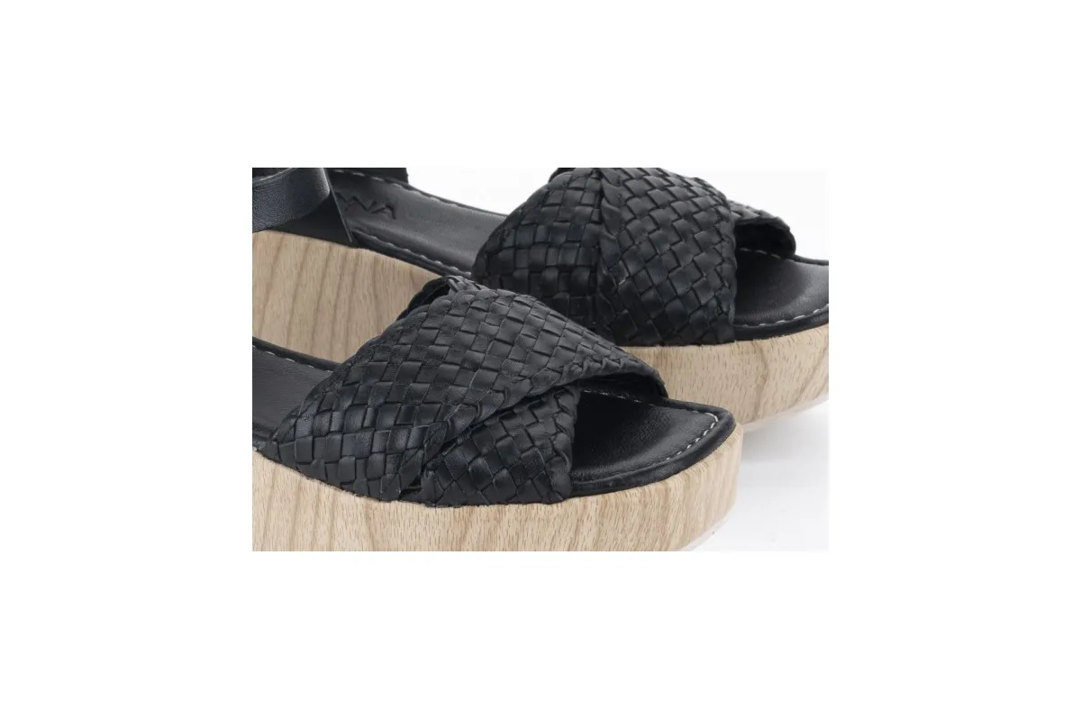 Woven Wedge Sandals with Wooden Heels - Black