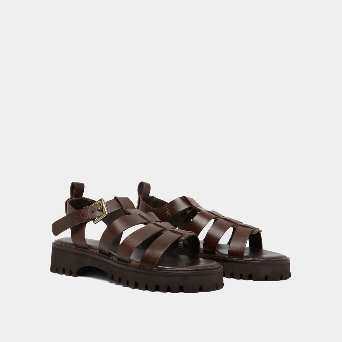 Dark Brown Leather Women's Open Toe Sandals | Jonak