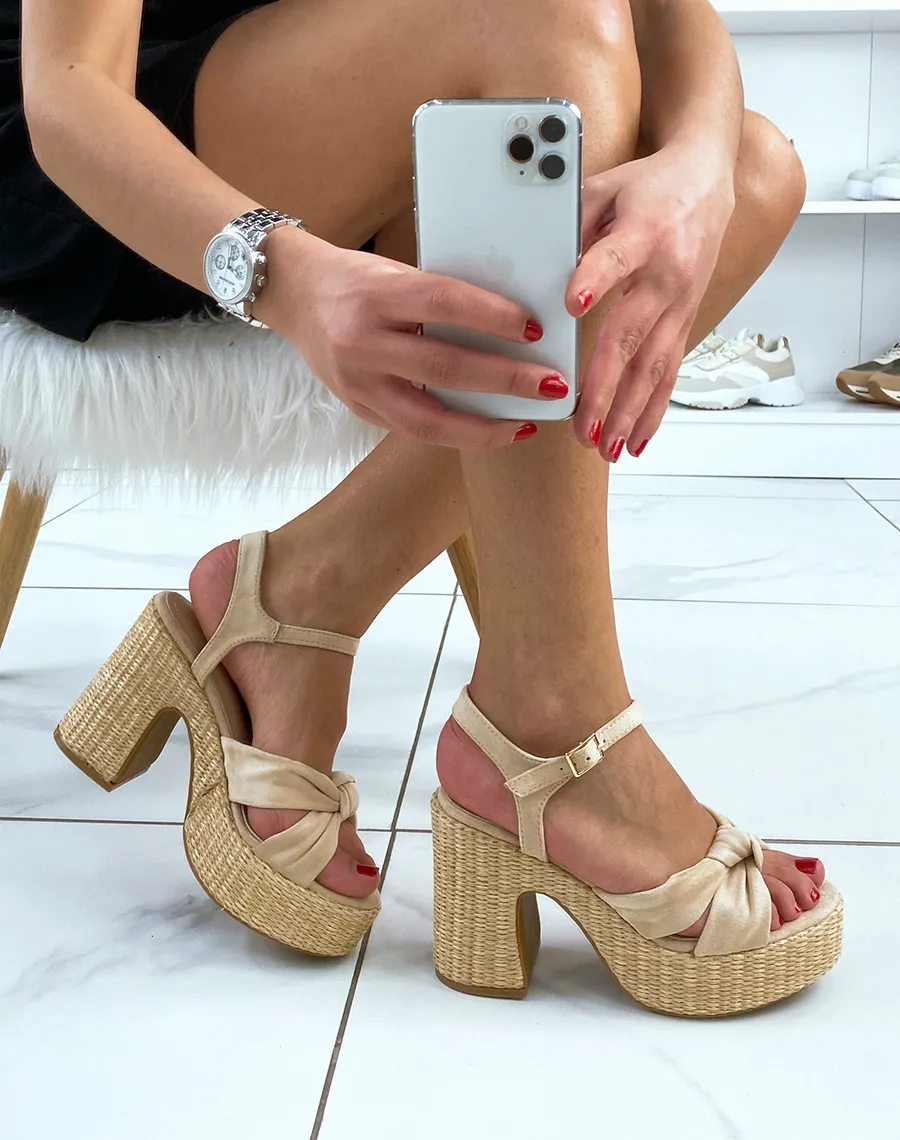 Beige wicker and suede high heel sandals