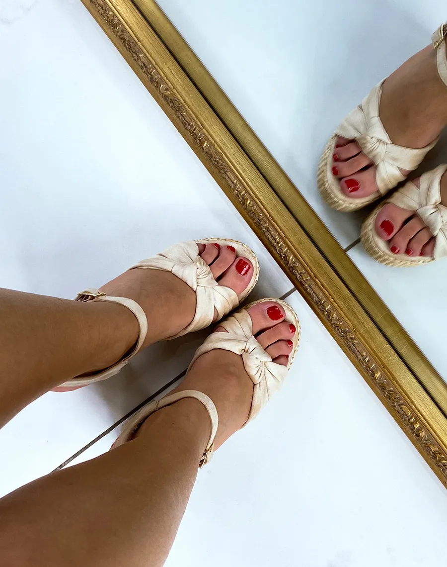 Beige wicker and suede high heel sandals