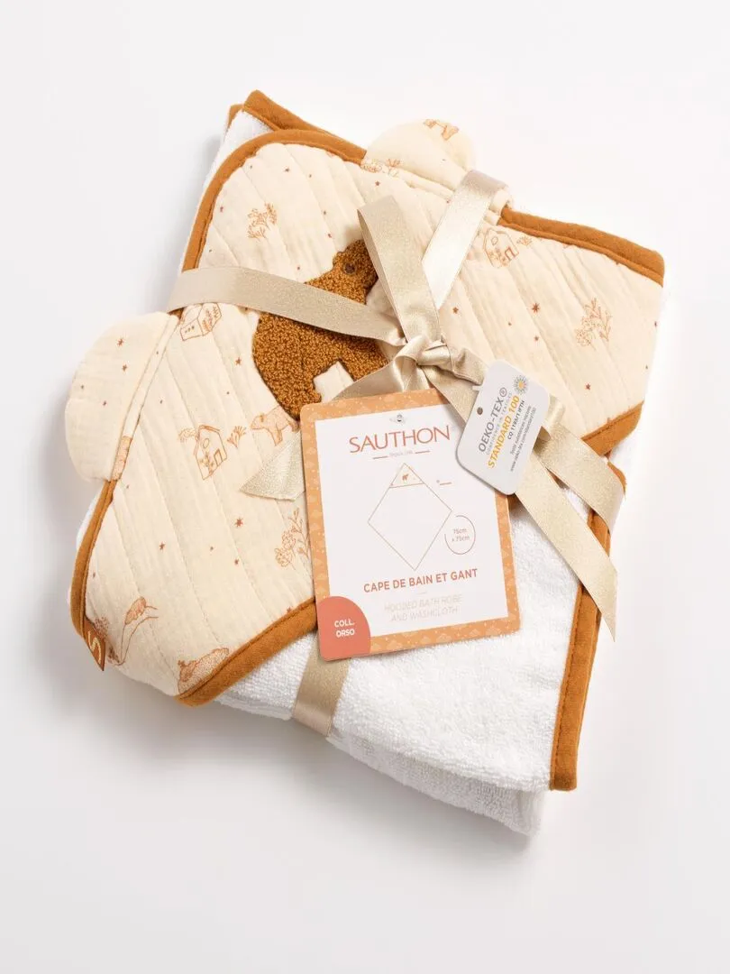 SAUTHON Double Gauze Cotton Bath Cape and Glove Set - Beige