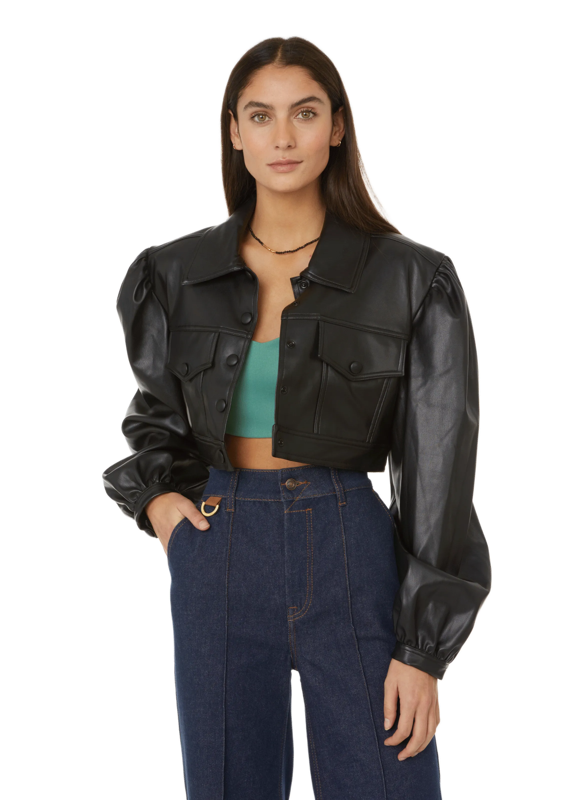 SELAMECIKE Short Vegan Leather Jacket - Black