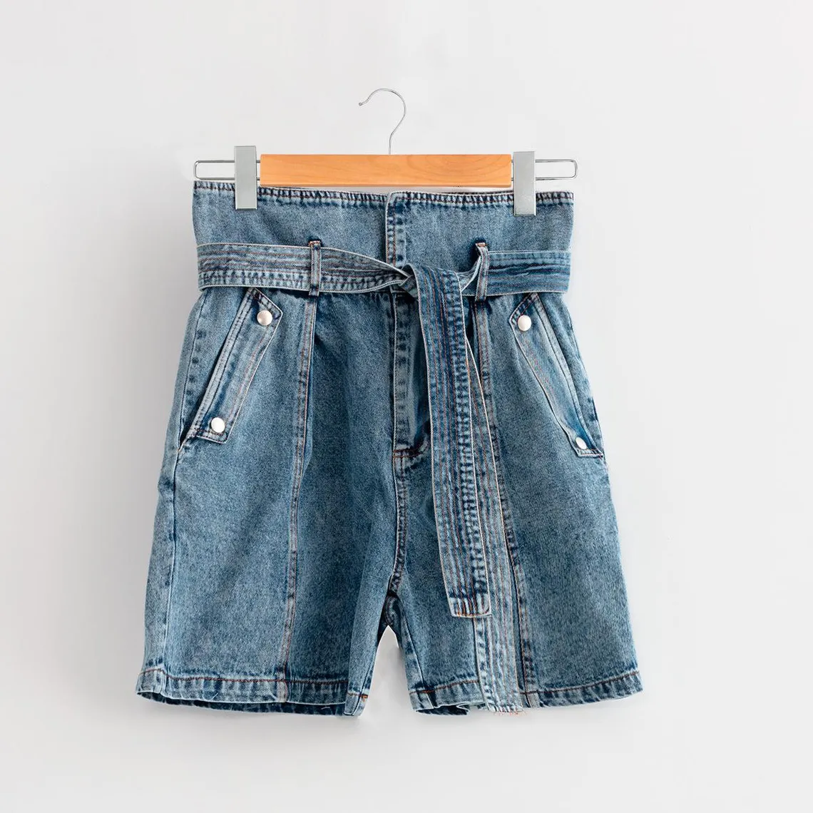 Cotton Blue Denim Short Paperbag Shorts | 3 Suisses