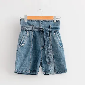 Cotton Blue Denim Short Paperbag Shorts | 3 Suisses