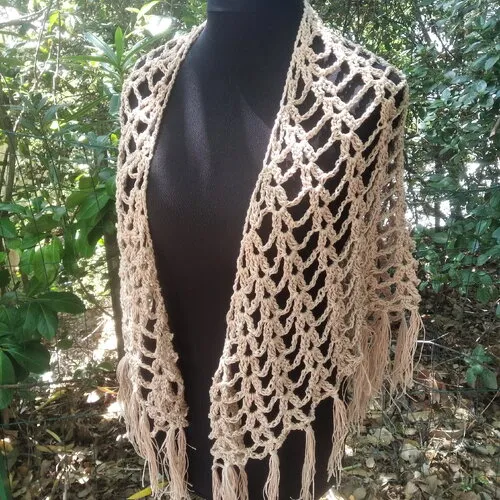 Summer shawl crocheted in linen and cotton beige color