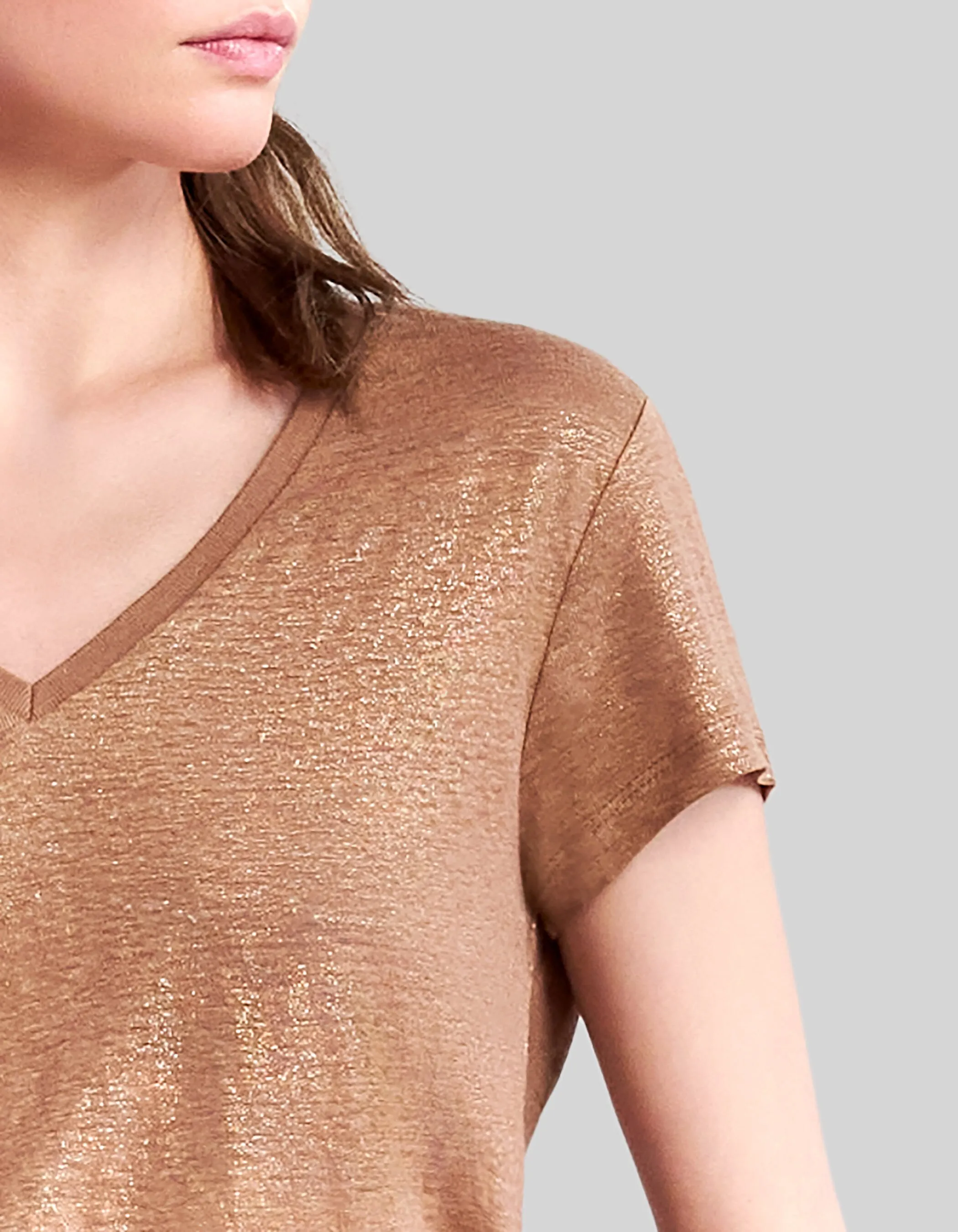 camel linen V-neck foil women's t-shirt