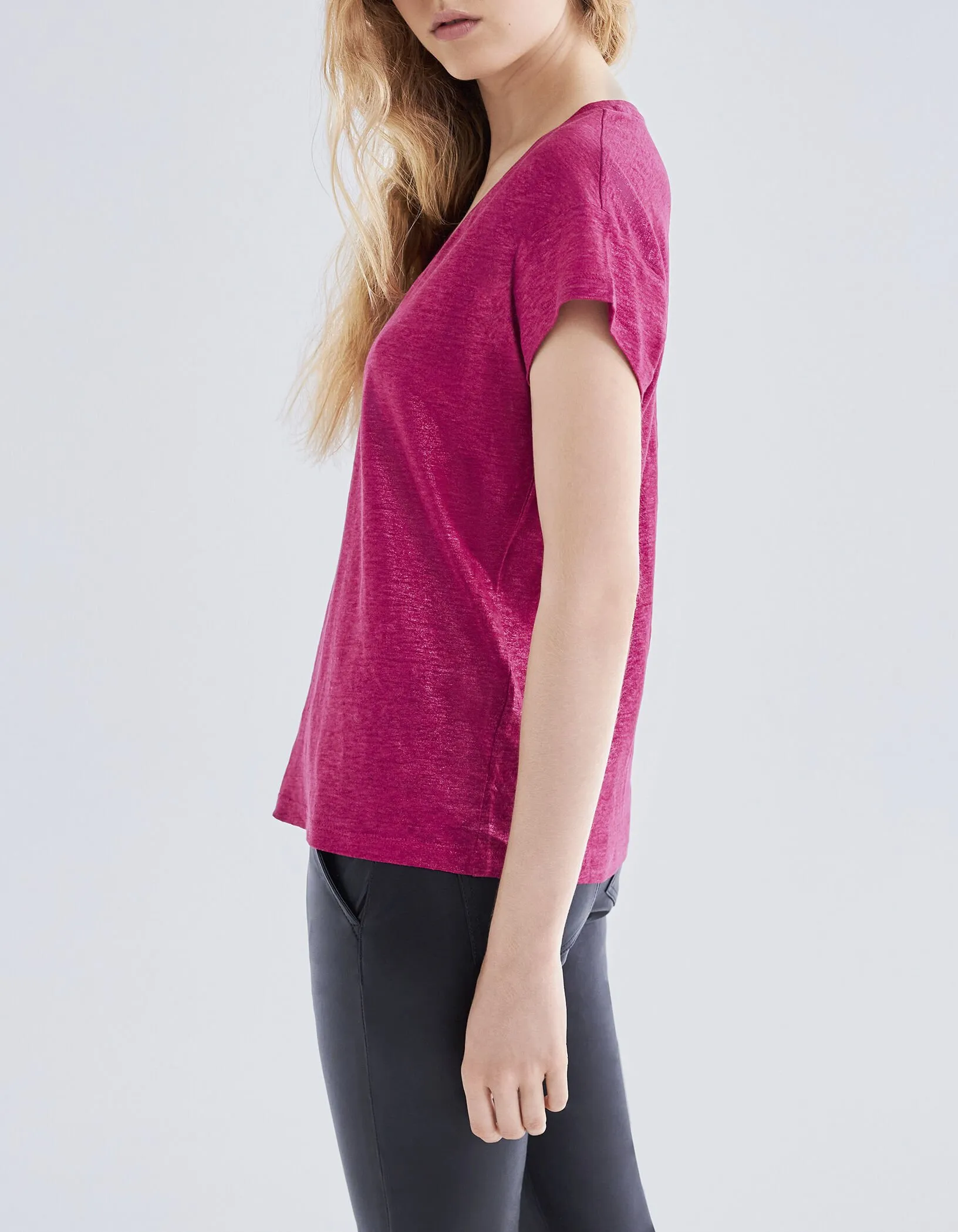 Tee-shirt fushia en maille de lin foil Femme