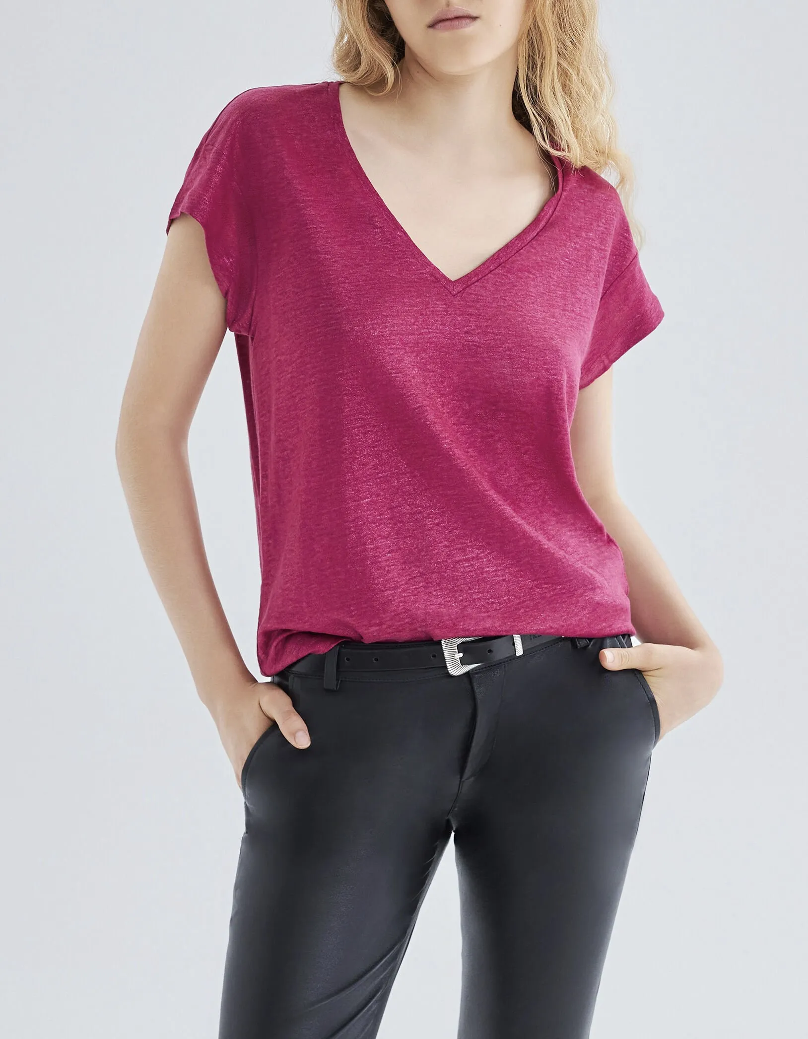 Tee-shirt fushia en maille de lin foil Femme