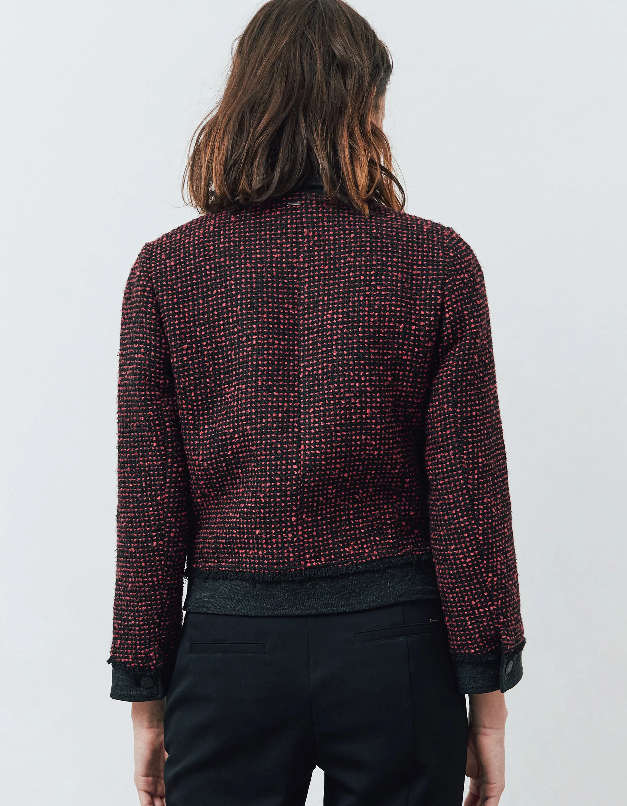 Red and black tweed and denim women's two-tone jacket.