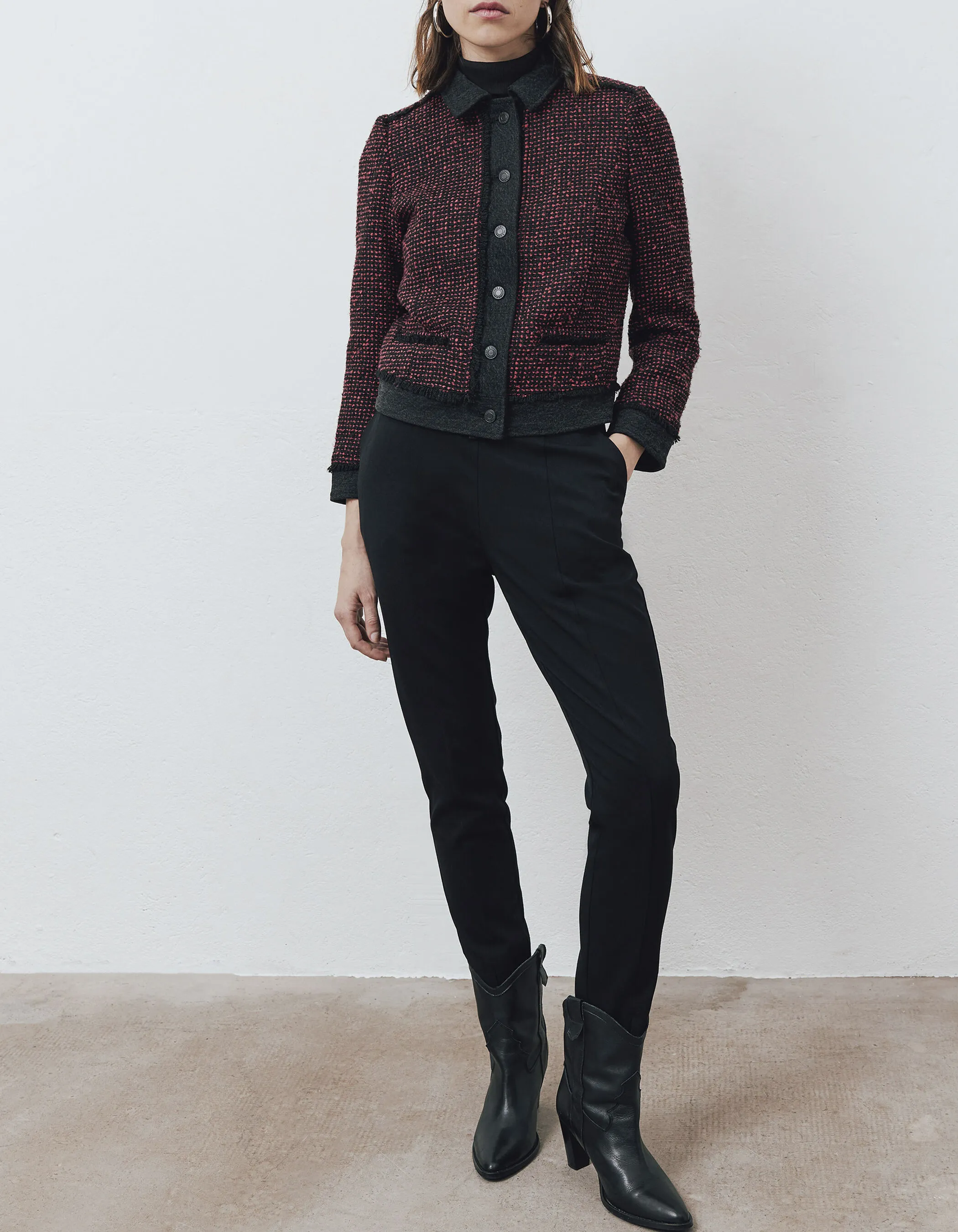 Red and black tweed and denim women's two-tone jacket.