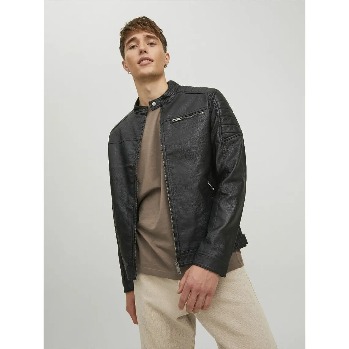 Black faux leather biker jacket with stand-up collar, long sleeves by Joey Jack & Jones - Men's Jacket on MenCorner