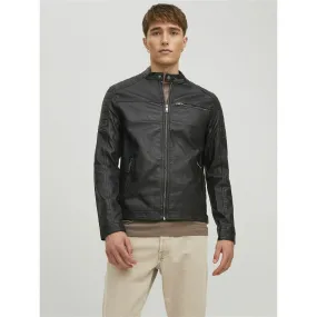 Black faux leather biker jacket with stand-up collar, long sleeves by Joey Jack & Jones - Men's Jacket on MenCorner