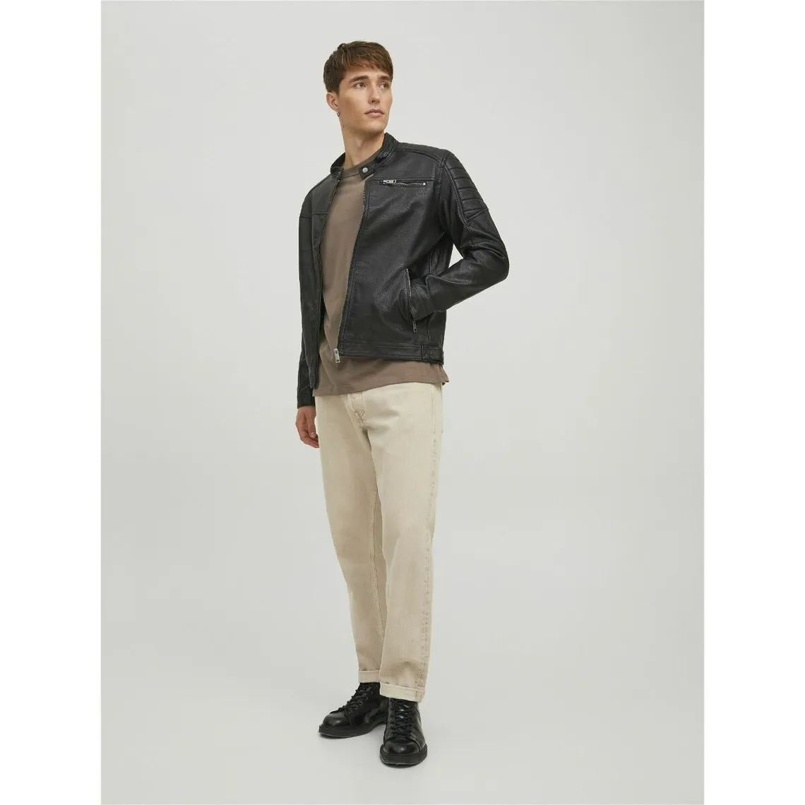 Black faux leather biker jacket with stand-up collar, long sleeves by Joey Jack & Jones - Men's Jacket on MenCorner