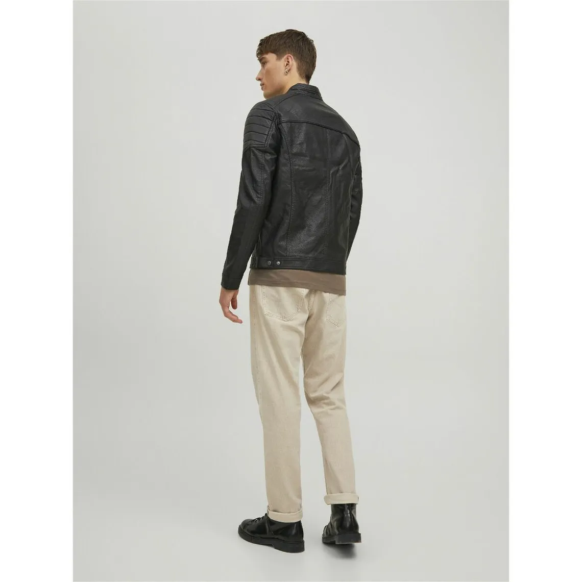 Black faux leather biker jacket with stand-up collar, long sleeves by Joey Jack & Jones - Men's Jacket on MenCorner