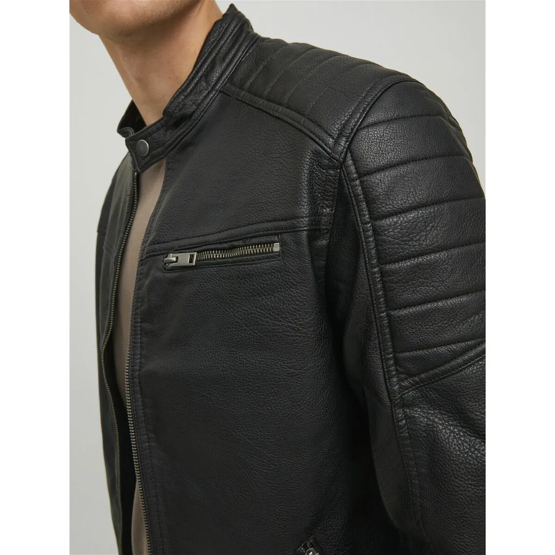 Black faux leather biker jacket with stand-up collar, long sleeves by Joey Jack & Jones - Men's Jacket on MenCorner