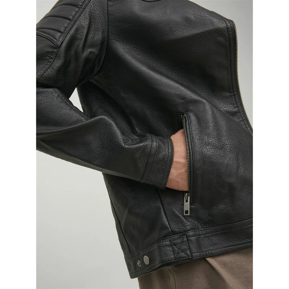 Black faux leather biker jacket with stand-up collar, long sleeves by Joey Jack & Jones - Men's Jacket on MenCorner