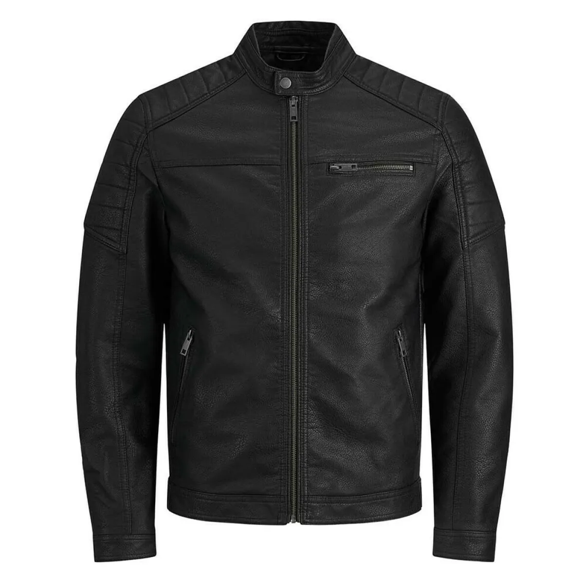 Black faux leather biker jacket with stand-up collar, long sleeves by Joey Jack & Jones - Men's Jacket on MenCorner