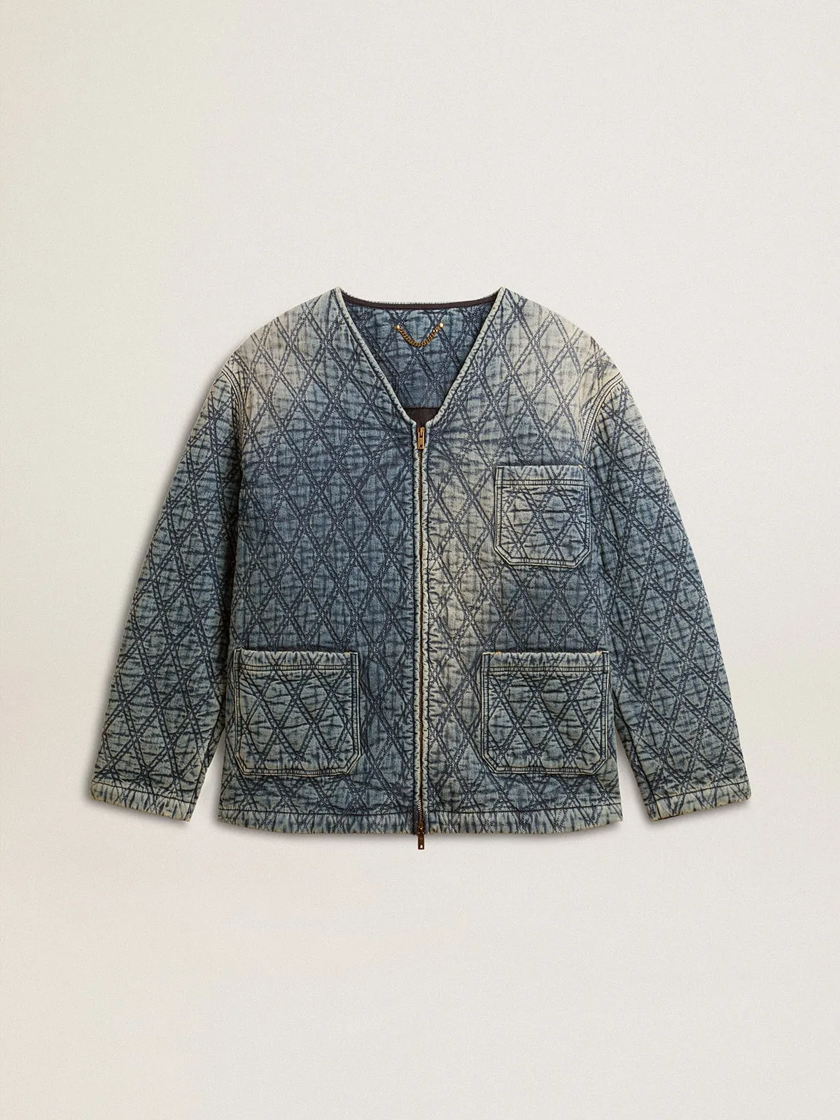 Veste matelassée pour femme en coton denim bleu à l'effet usé | Golden Goose