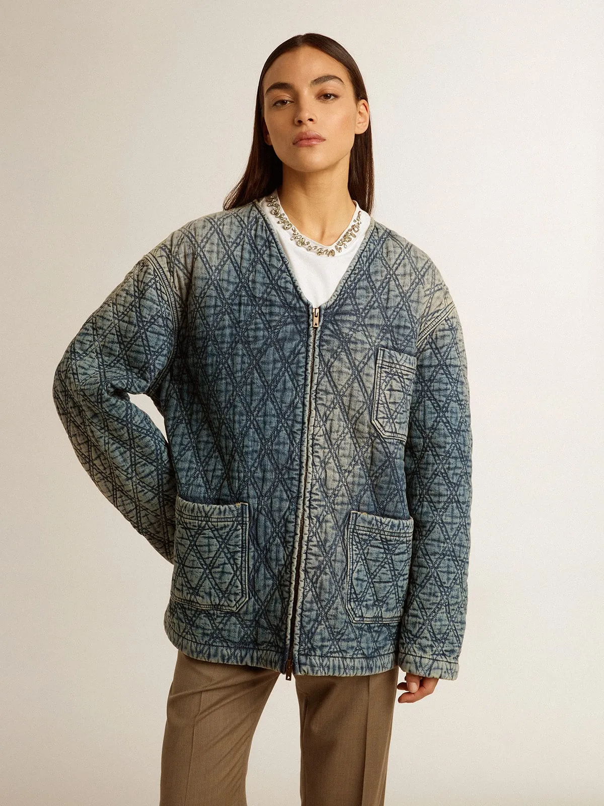 Veste matelassée pour femme en coton denim bleu à l'effet usé | Golden Goose