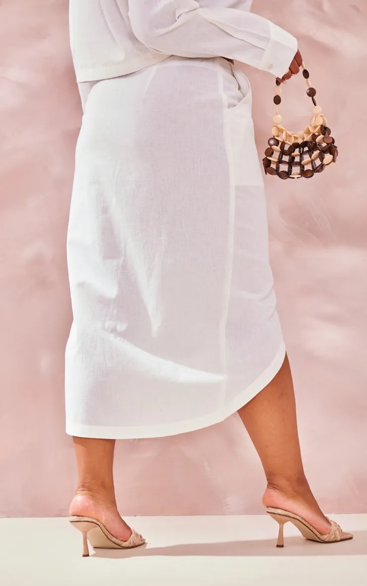 White Linen Effect Mid-length Skirt with Side Split