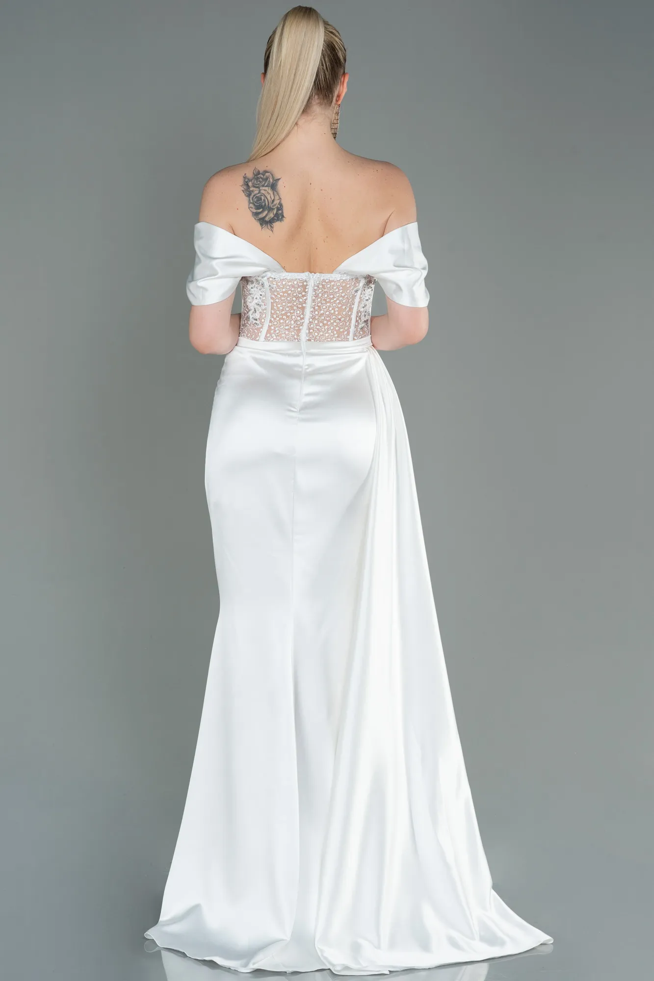 White Long Satin Evening Gown Abu3997