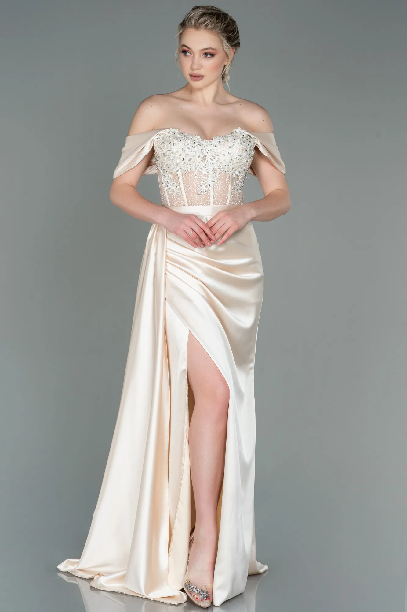 White Long Satin Evening Gown Abu3997