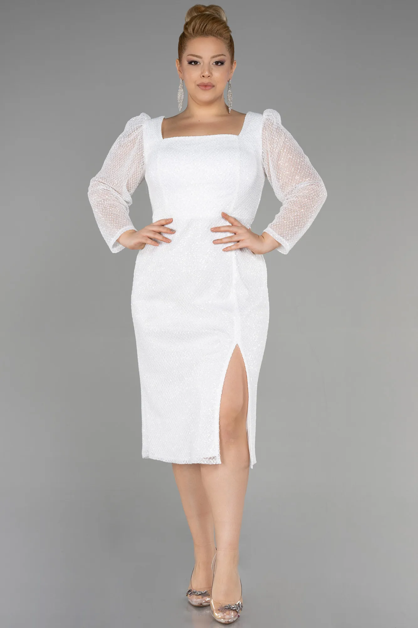 White Midi Scaled Plus Size Evening Dress ABK1929