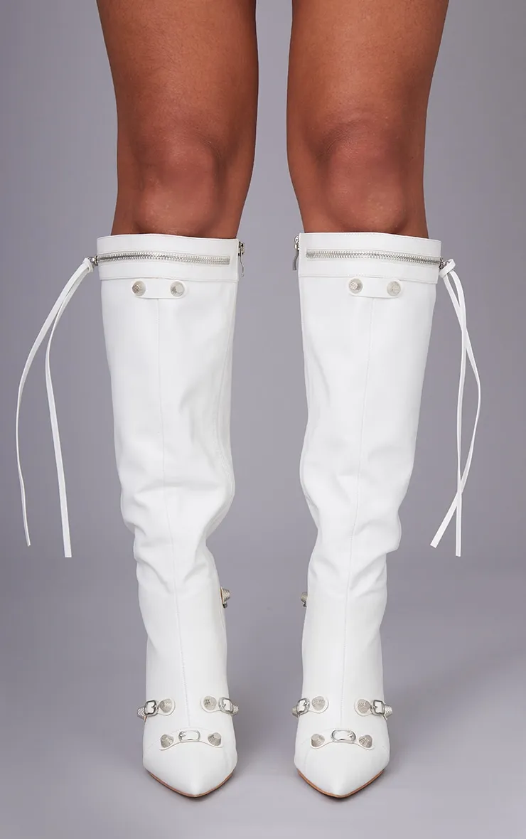 White PU High Heel Knee Boots with Zipper and Pointed Toe