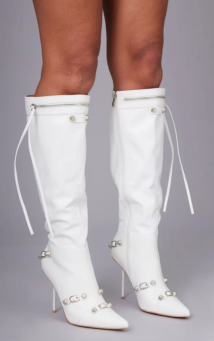 White PU High Heel Knee Boots with Zipper and Pointed Toe