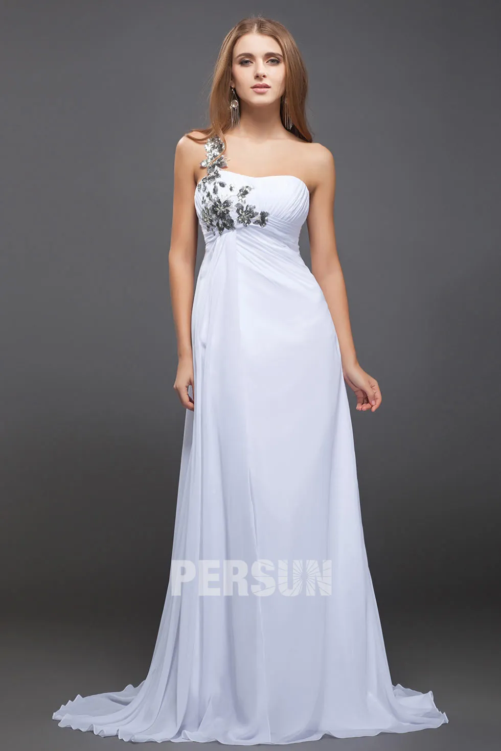 White sequin floral asymmetrical evening gown.