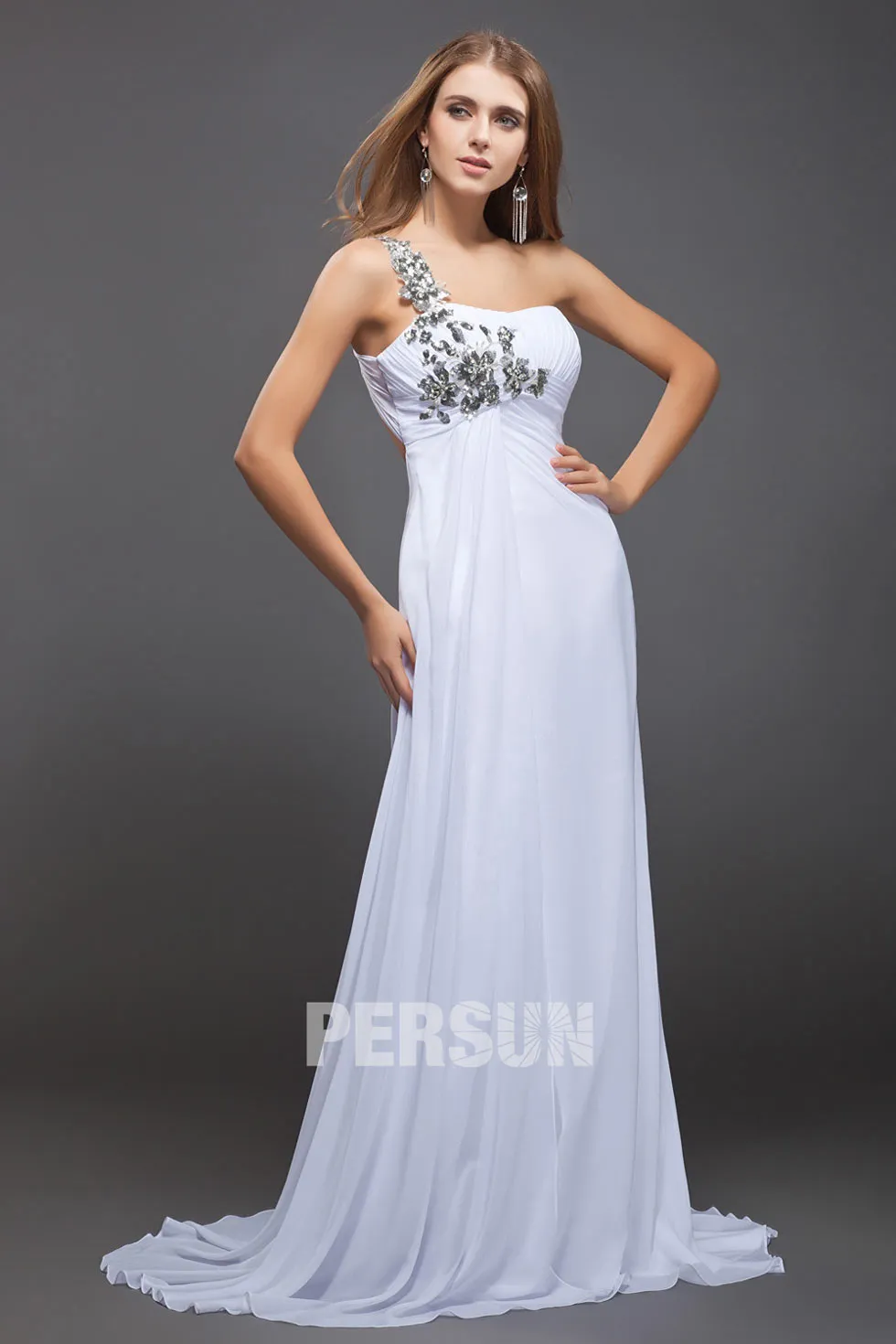 White sequin floral asymmetrical evening gown.