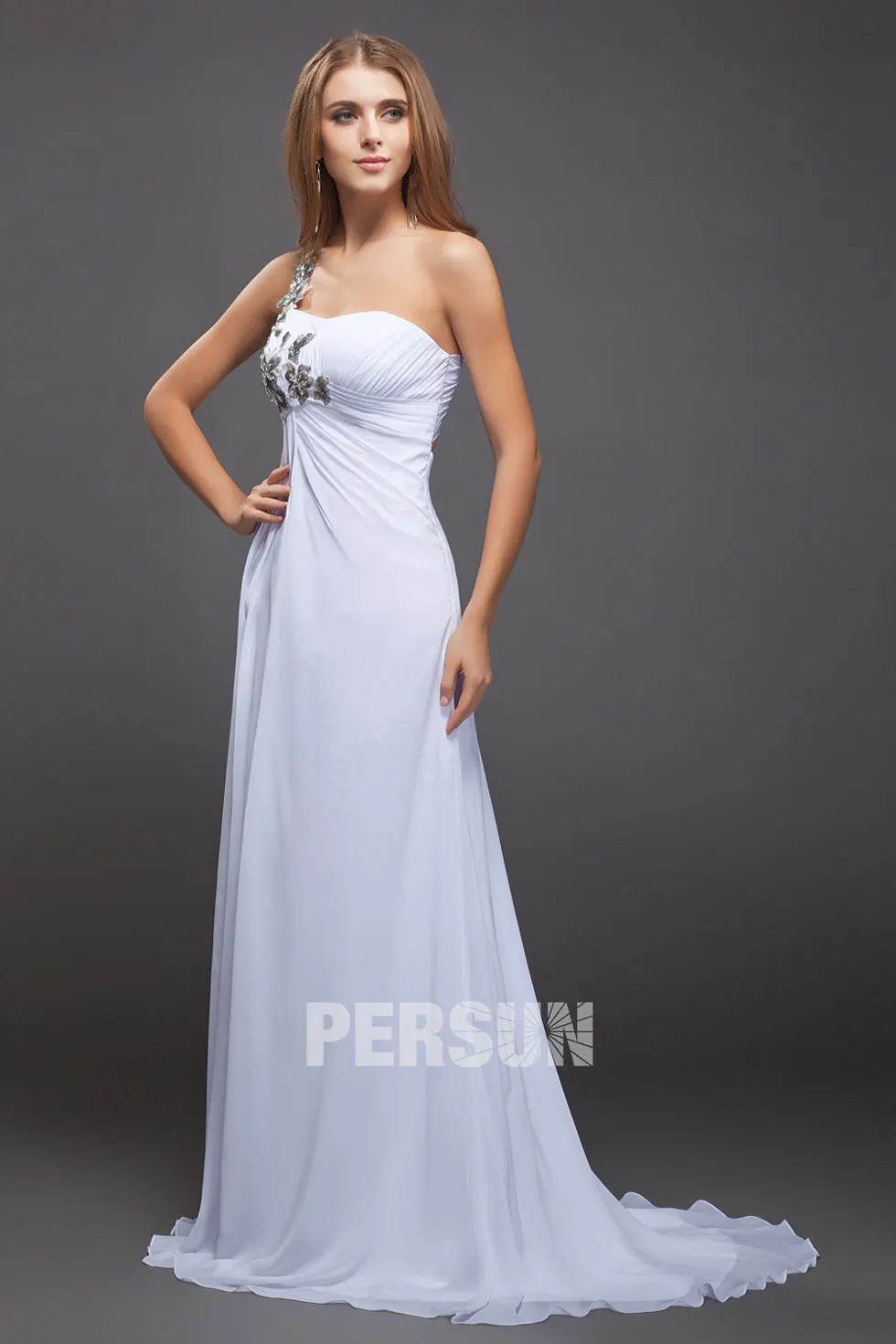 White sequin floral asymmetrical evening gown.