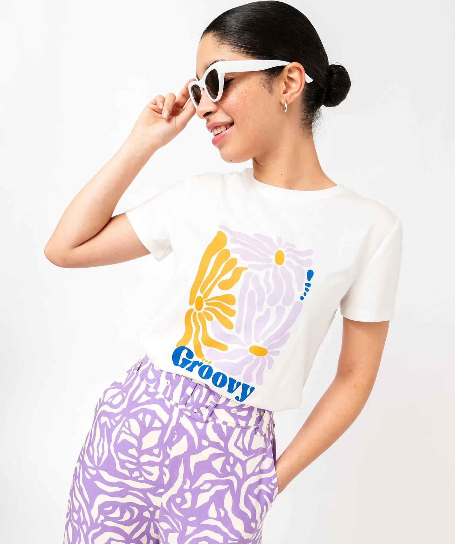 white short sleeve cotton-modal women's printed t-shirt.