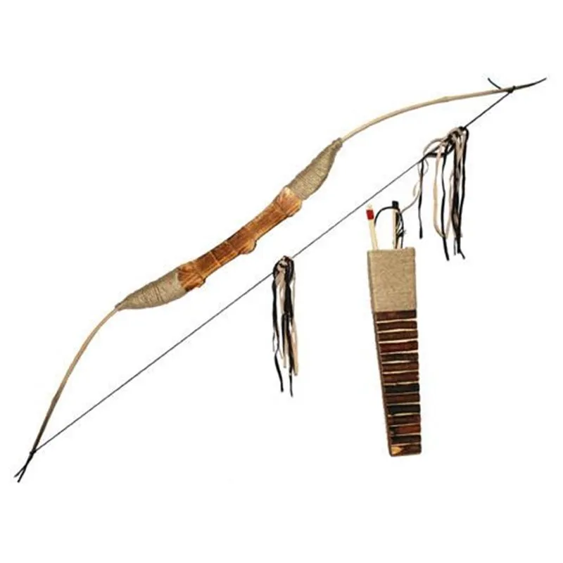 Wooden indian bow with arrows and quiver.