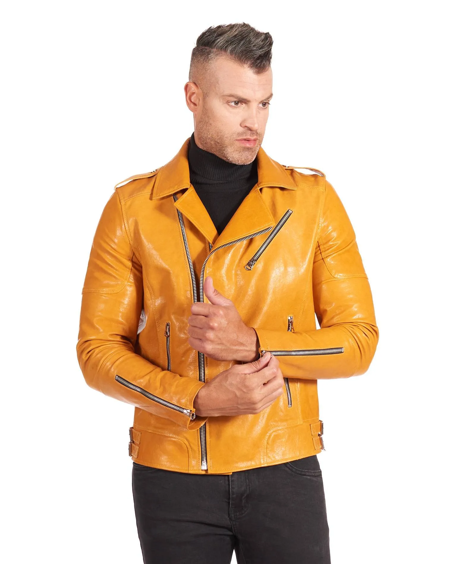 Yellow Vintage Men's Biker Leather Jacket with Sewn Shoulders