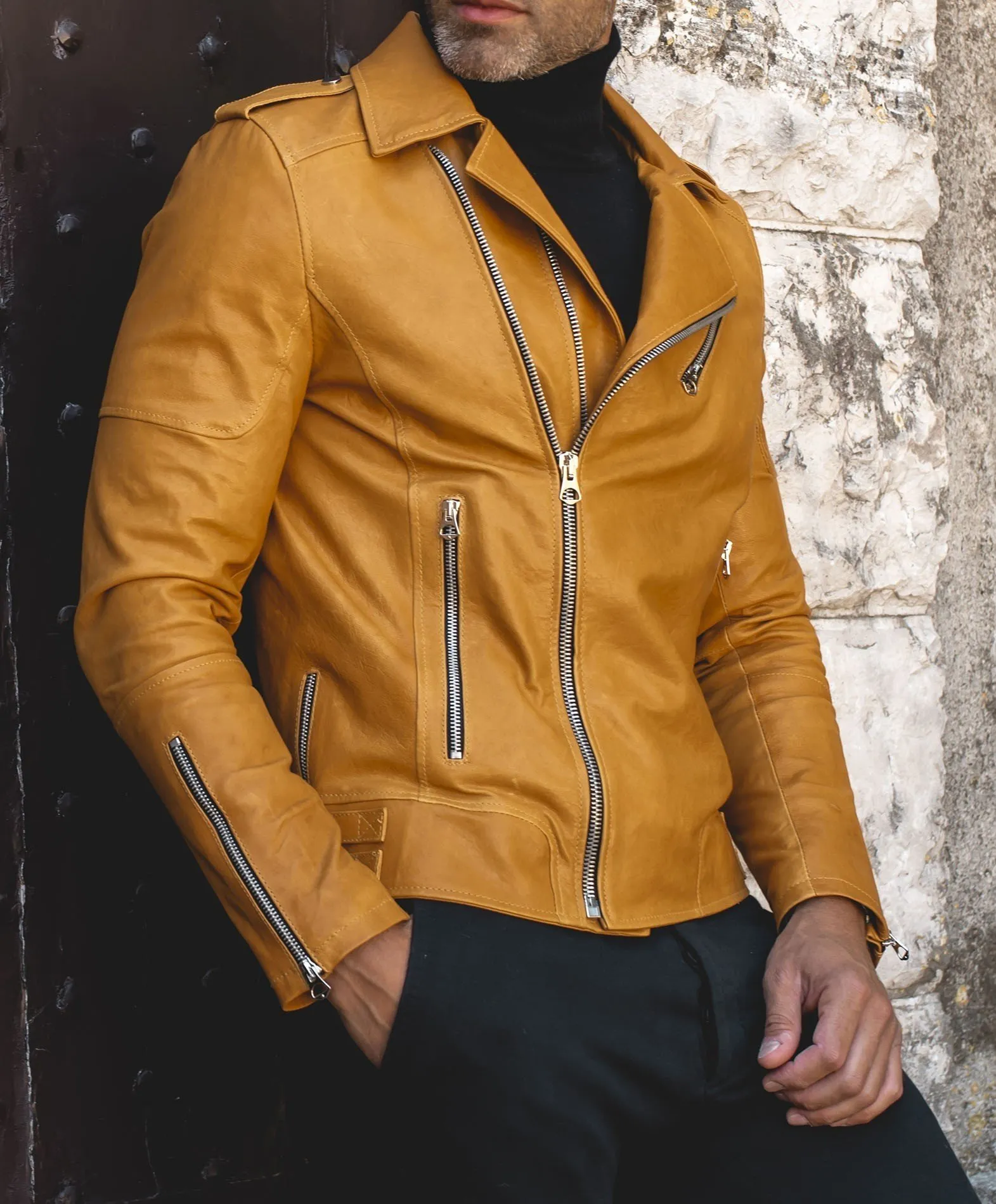 Yellow Vintage Men's Biker Leather Jacket with Sewn Shoulders