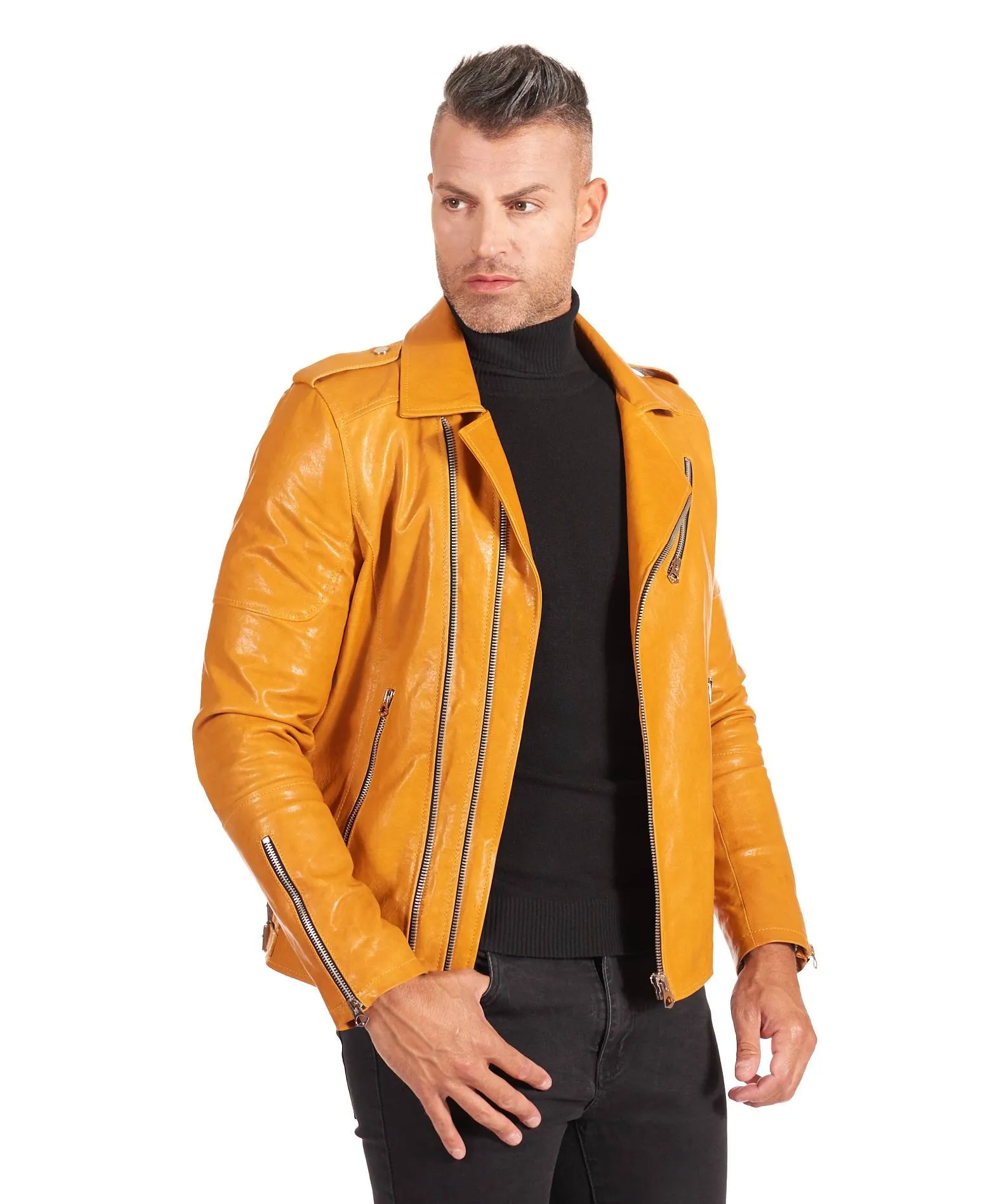 Yellow Vintage Men's Biker Leather Jacket with Sewn Shoulders