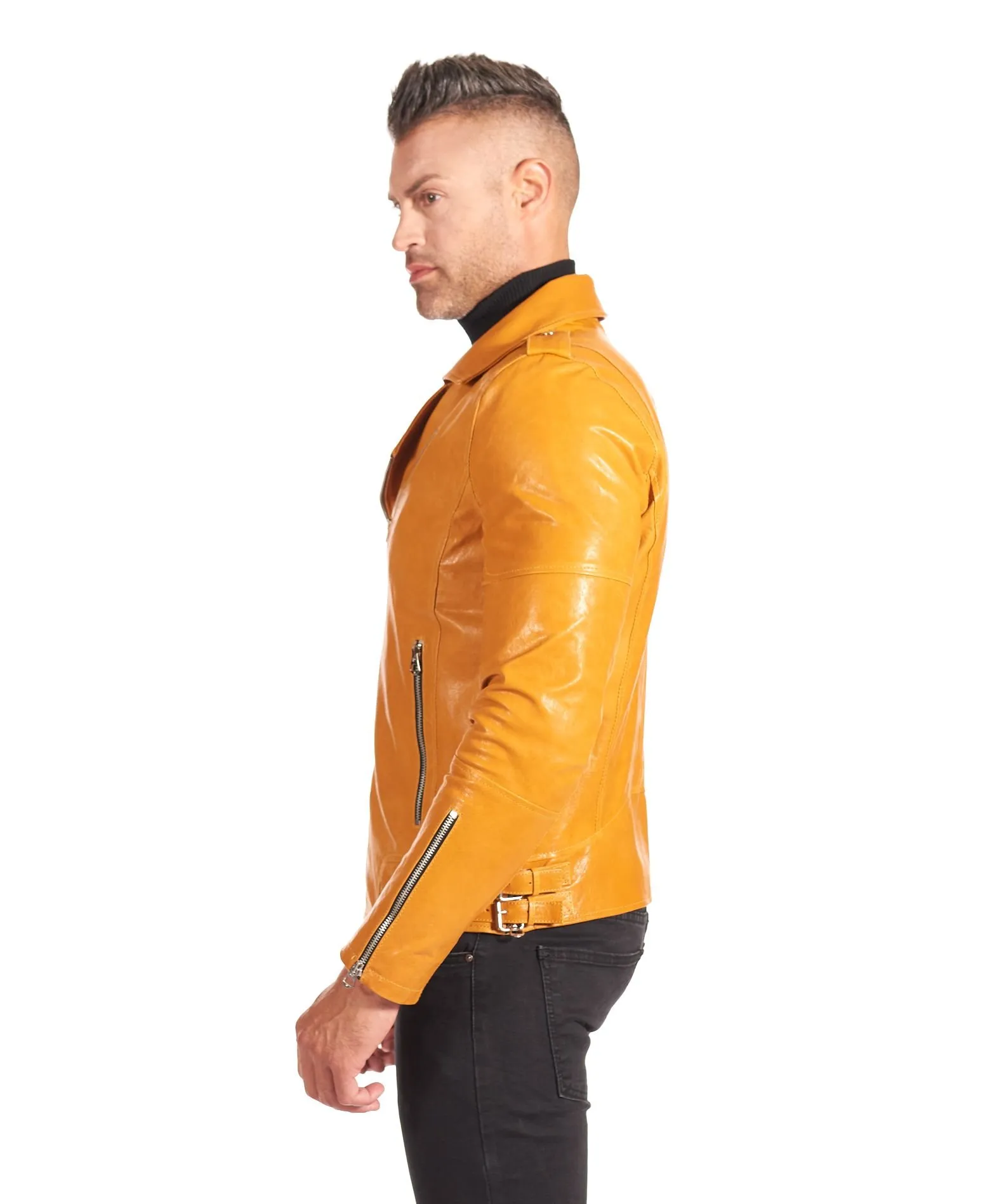 Yellow Vintage Men's Biker Leather Jacket with Sewn Shoulders