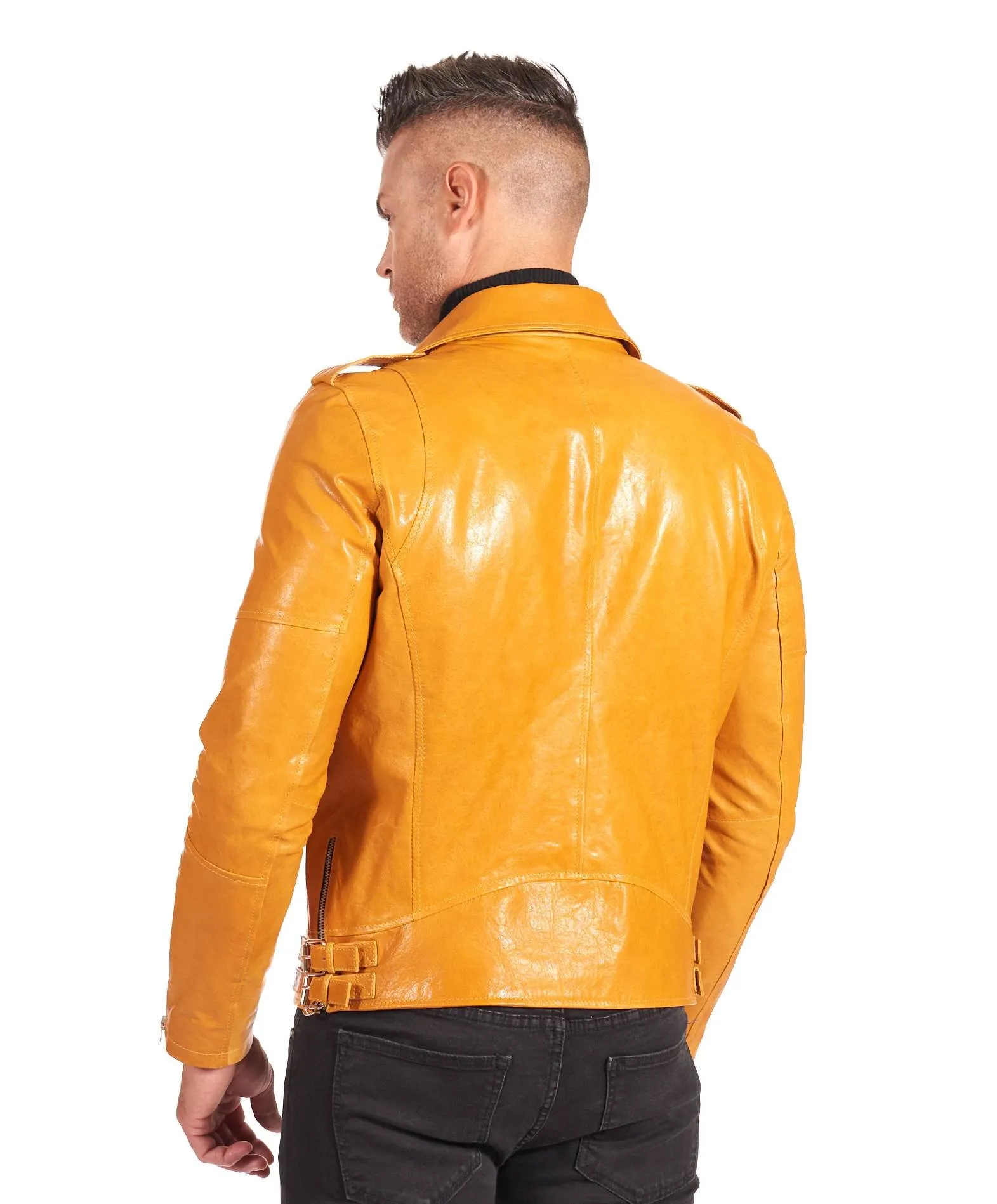 Yellow Vintage Men's Biker Leather Jacket with Sewn Shoulders