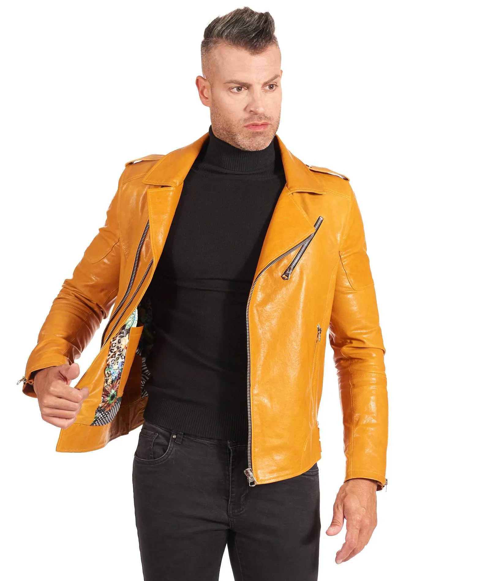 Yellow Vintage Men's Biker Leather Jacket with Sewn Shoulders