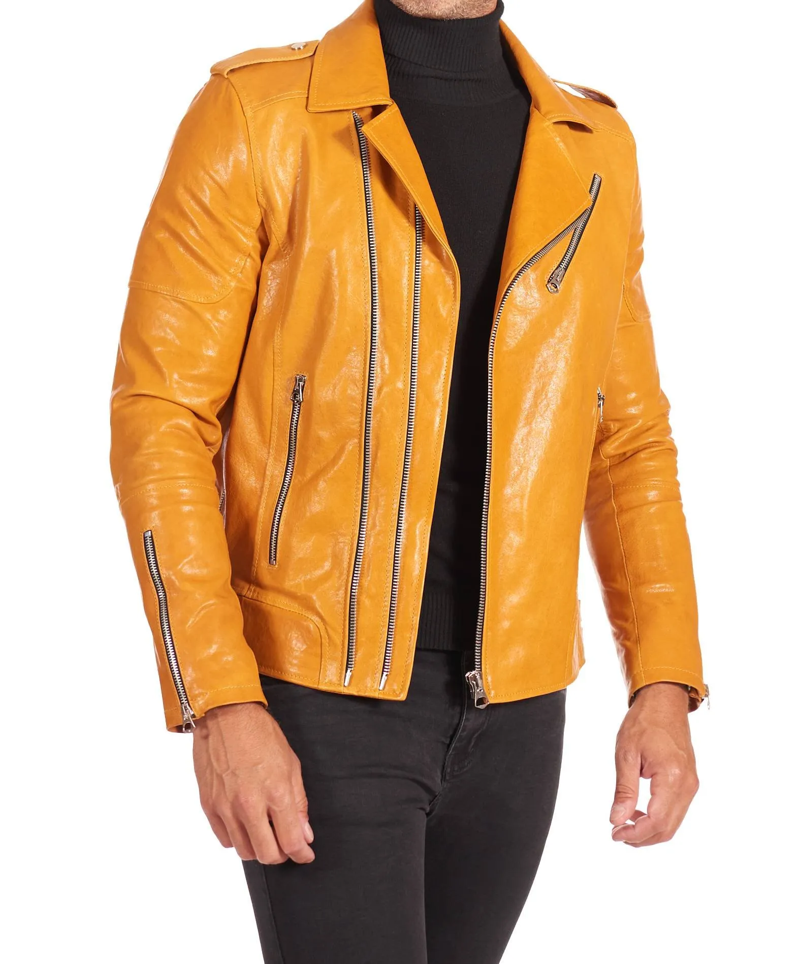 Yellow Vintage Men's Biker Leather Jacket with Sewn Shoulders